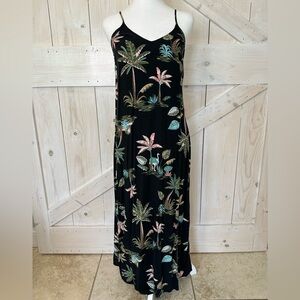 XS Tropical Print Long Black Dress with back slit